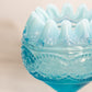 Antique Circular Blue Opalescent Glass Pearls and Scales Footed Rose Bowl