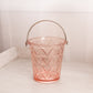 Vintage Medium Pink Glass Ice Bucket with Triangle Designs and Metal Handle