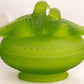 Vintage Westmoreland Glass Oval Satin Green Birds in Love on Nest Lidded Dish