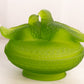 Vintage Westmoreland Glass Oval Satin Green Birds in Love on Nest Lidded Dish