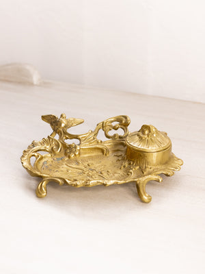 Vintage Brass Inkwell with Bird and Floral Details