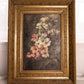 Antique Moody Pink White Black Floral Painting with Ornate Gold Tone Frame