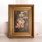 Antique Moody Pink White Black Floral Painting with Ornate Gold Tone Frame