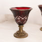 Antique Ruby Red and Clear Cut Glass Goblet with Brass Details