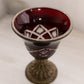 Antique Ruby Red and Clear Cut Glass Goblet with Brass Details