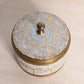 Blue Enameled Circular Brass Lidded Jar with Pink Floral Designs