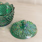 Fenton Dark Green Iridescent Glass Hobnail Lidded Dish