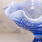 Fenton Large Blue Opalescent Glass Water Lily Compote with Ruffle Edge