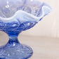 Fenton Large Blue Opalescent Glass Water Lily Compote with Ruffle Edge