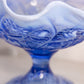 Fenton Large Blue Opalescent Glass Water Lily Compote with Ruffle Edge