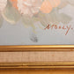 Horizontal Peachy Pink Light Blue Floral Painting w/ Ornate Gold Frame