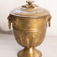 Large Brass Lidded Dish with Flower Finial and Lion Head Handles