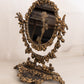 Large Gold Tone Cast Iron Oval Floral Standing Mirror w/ Bird Accents