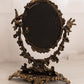 Large Gold Tone Cast Iron Oval Floral Standing Mirror w/ Bird Accents