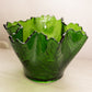 Vintage Large Green Glass Tulip Floral Textured Bowl with Ruffle Edge