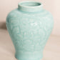Medium Light Teal Blue Ceramic Vase with Bird and Floral Designs