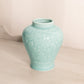 Medium Light Teal Blue Ceramic Vase with Bird and Floral Designs