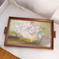 Medium Rectangular Dark Brown Wooden Tray with Floral Painting