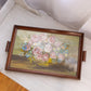 Medium Rectangular Dark Brown Wooden Tray with Floral Painting