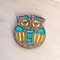 Medium Silver Tone Metal Owl Trivet with Teal and Yellow Details