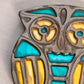 Medium Silver Tone Metal Owl Trivet with Teal and Yellow Details