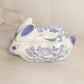 Medium White Ceramic Bunny Rabbit Lidded Dish with Floral Designs