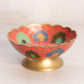 Small Brass Footed Bowl with With Peacock Designs and Red Enamel