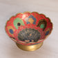 Small Brass Footed Bowl with With Peacock Designs and Red Enamel