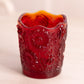 Small Red Amberina Glass Toothpick Holder with Flower Designs