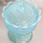 Vintage Blue Opalescent Glass Daisy & Button Lidded Footed Dish