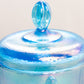 Vintage Fenton Blue Iridescent Glass Lidded Chessie Cat Jar