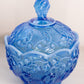 Vintage Fenton Dark Blue Opalescent Glass Lily of The Valley Lidded Dish