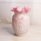 Vintage Fenton Glass White Pink Rosalene Matte Vase with Ruffle Edge and Daffodil Floral Design