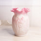 Vintage Fenton Glass White Pink Rosalene Matte Vase with Ruffle Edge and Daffodil Floral Design