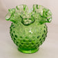 Vintage Fenton Small Green Glass Hobnail Vase with Ruffle Edge