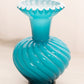 Medium Teal Blue Cased Glass Swirl Vase with Ruffle Edge