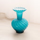 Medium Teal Blue Cased Glass Swirl Vase with Ruffle Edge