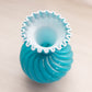 Medium Teal Blue Cased Glass Swirl Vase with Ruffle Edge