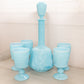 Vintage French Light Blue Milk Glass Decanter with 5 Glasses Set
