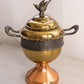 Vintage Gold Copper Silver Tone Metal Bird Finial Handled Lidded Dish