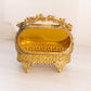 Vintage Ornate Gold Tone Angled Casket Jewelry Box with Amber Glass