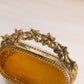 Vintage Ornate Gold Tone Angled Casket Jewelry Box with Amber Glass