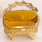 Vintage Ornate Gold Tone Angled Casket Jewelry Box with Amber Glass