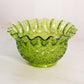 Vintage Green Glass Daisy and Button Bowl with Ruffle Edge