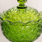 Vintage Green Glass Daisy & Button Lidded Footed Dish