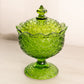 Vintage Green Glass Daisy & Button Lidded Footed Dish