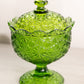 Vintage Green Glass Daisy & Button Lidded Footed Dish