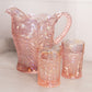 Vintage Imperial Glass Pink Iridescent Floral Pitcher with 2 Glasses