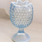 Vintage Medium Blue Opalescent Glass Footed Crimped Hobnail Vase