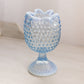 Vintage Medium Blue Opalescent Glass Footed Crimped Hobnail Vase